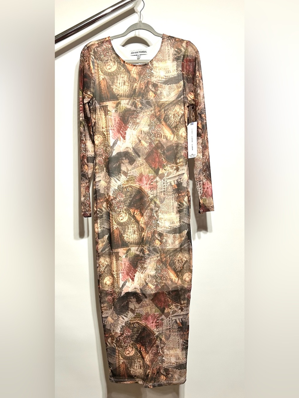 Almost Famous Printed Long-Sleeve Maxi Dress in Brown and Tan